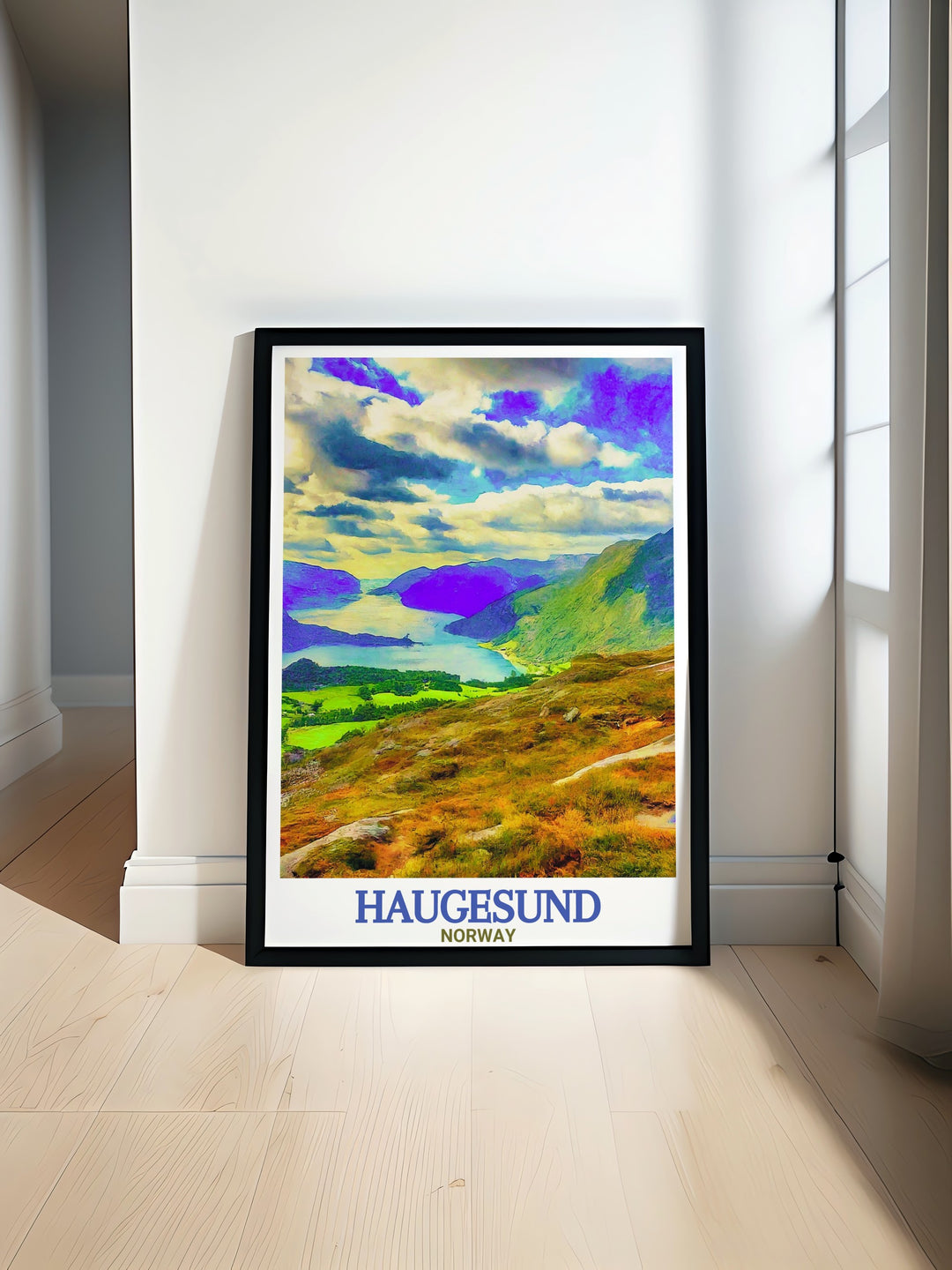 This travel poster features Haugesunds historical town center and the breathtaking mountain views from Steinsfjellet, making it a wonderful gift for lovers of Nordic landscapes and Norwegian culture.