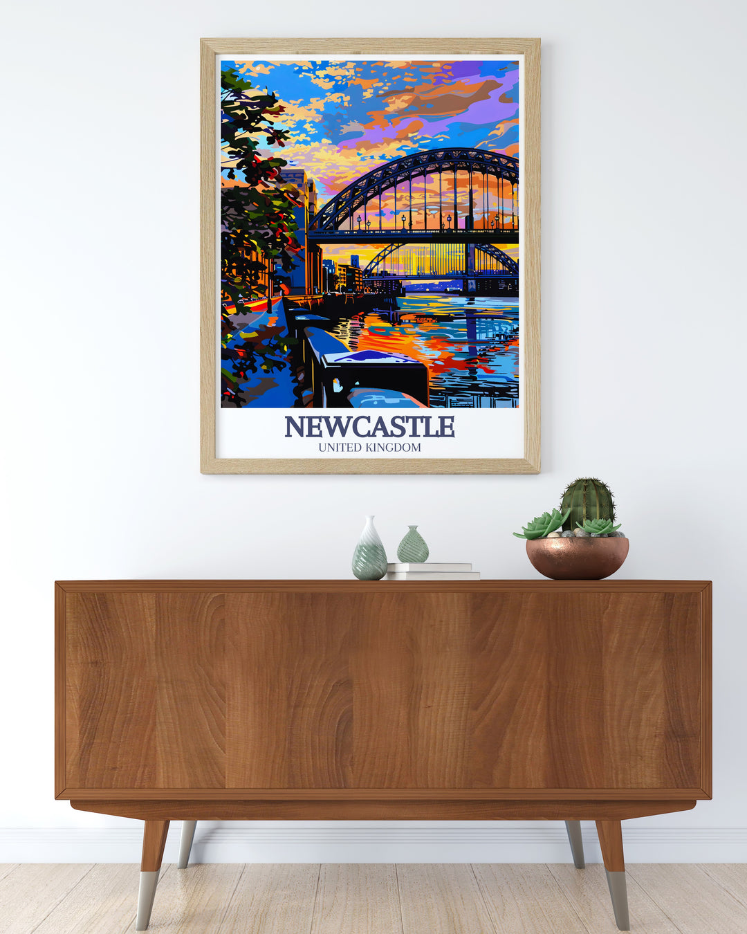 A striking Newcastle art print showcasing the Tyne Bridge and Quayside District. This travel poster is a vibrant wall print perfect for any room, combining iconic architecture with modern design. Ideal for Newcastle lovers looking to add unique decor to their space.