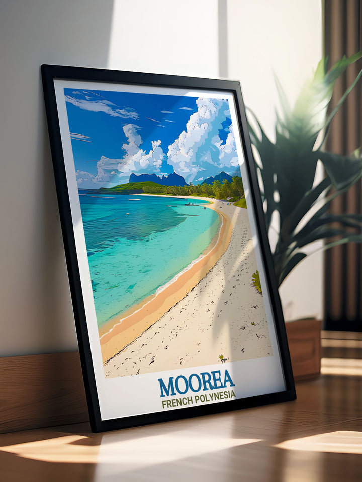 This Moorea Travel Print captures the essence of French Polynesias Temae Beach, showcasing its clear blue waters and lush tropical surroundings. Perfect for adding a calming and exotic touch to your space, this artwork is ideal for travelers and nature lovers.