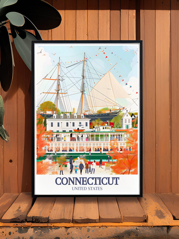 Mystic Seaport New England town framed prints featuring Connecticut travel print and Bridgeport poster designed for elegant home decor and personalized gifts perfect for celebrating special occasions like birthdays anniversaries or Christmas.