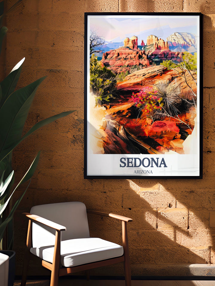 Sedona Picture featuring Cathedral Rock and Bell Rock with detailed artistry and vibrant colors providing an elegant touch of Southwestern charm.