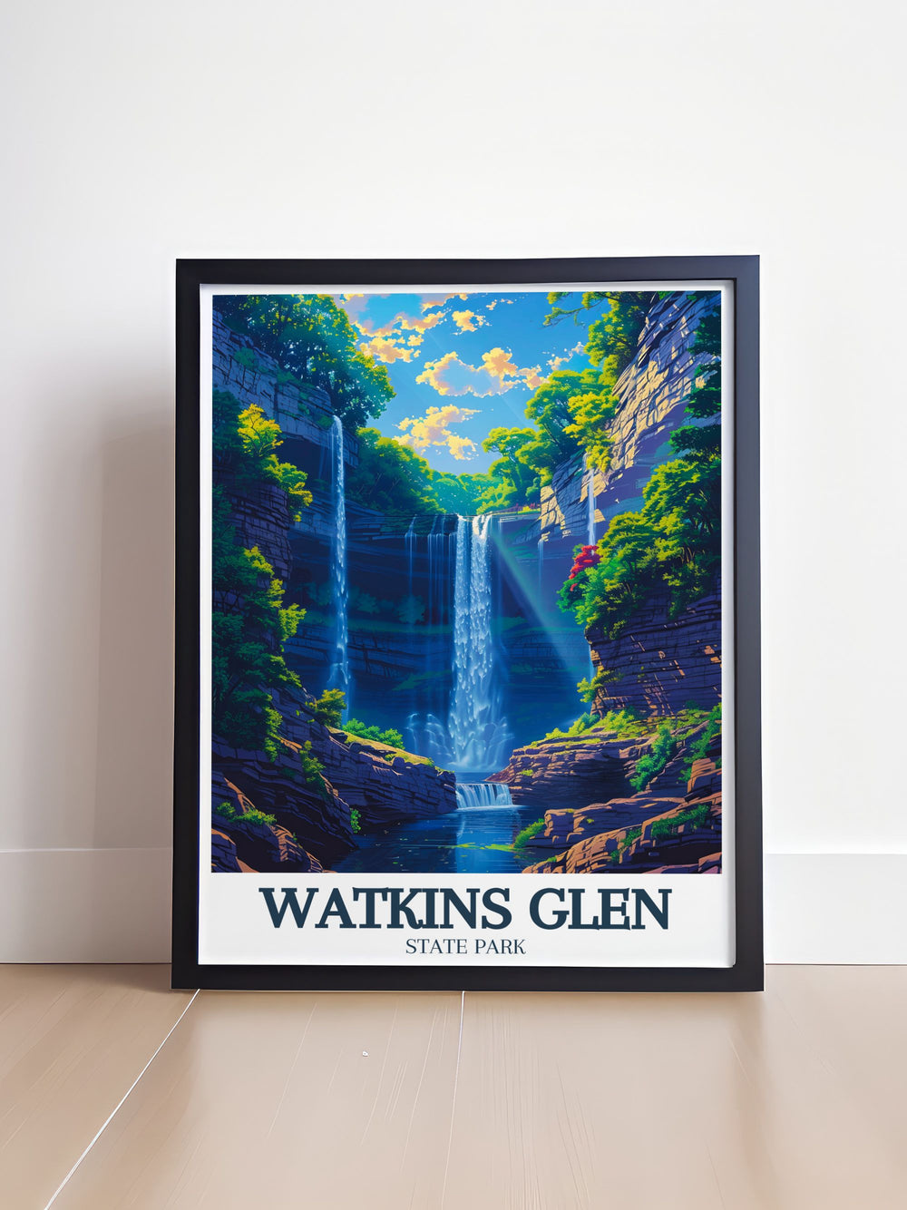 The serene views of Watkins Glen State Parks waterfalls and gorges are depicted in this custom print, showcasing the parks lush landscapes and geological features. Ideal for anyone looking to personalize their space with a piece of New Yorks natural heritage, this artwork offers a unique blend of beauty and historical significance.