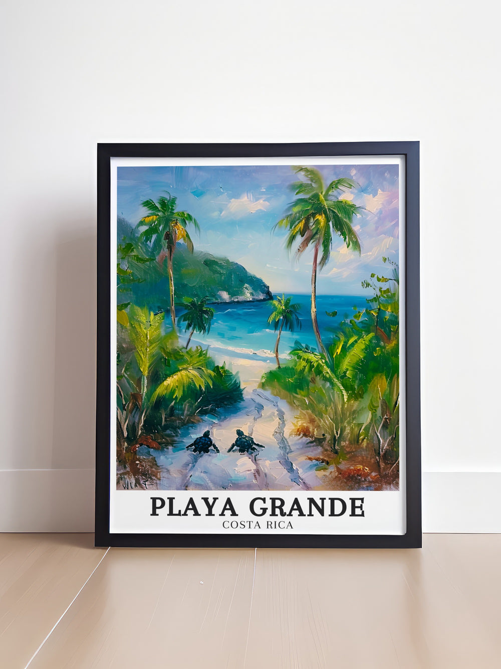 Add a splash of Costa Ricas vibrant coastline to your decor with this Playa Grande travel poster. Featuring the peaceful shores of Congo Beach and the lush surroundings of Marino Las Baulas, this print brings the beauty of Costa Rica into your home.