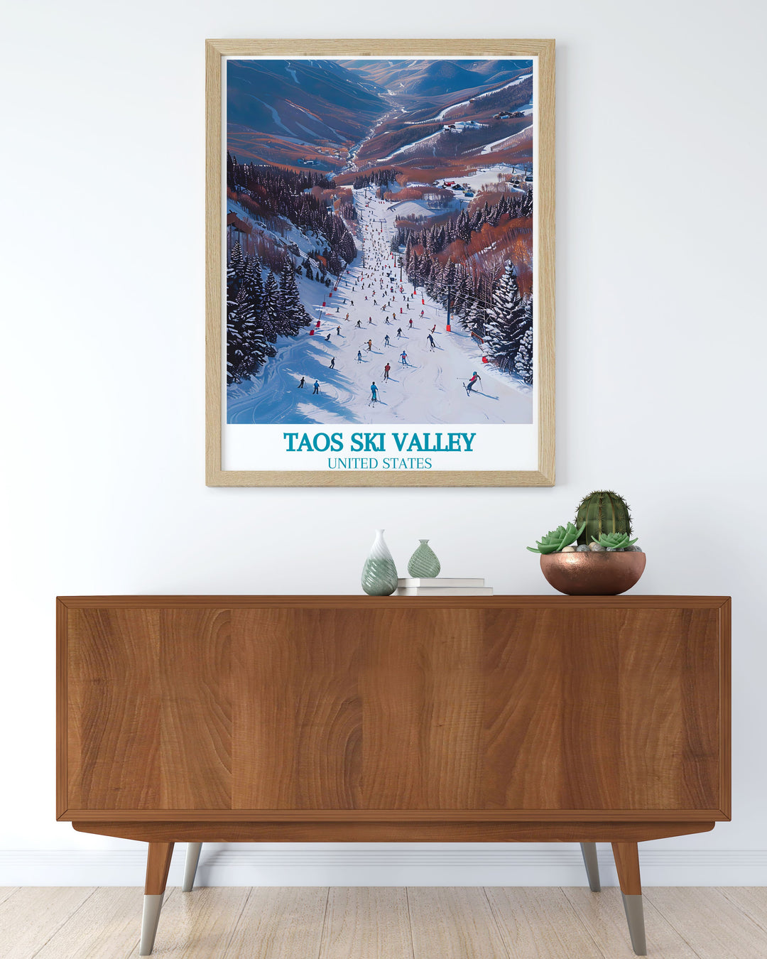 Discover the picturesque landscape of Taos Ski Valley with this exquisite travel poster, illustrating the pristine snow and dramatic peaks.
