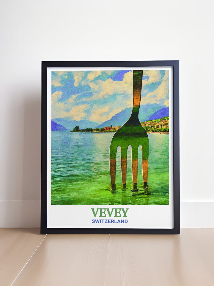 Switzerland canvas art featuring Vevey and its famous Fork sculpture. The travel poster captures the unique artistry of the region, making it a stunning addition to any travel art collection or as a gift for those who love Switzerland.