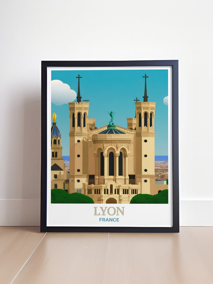 Lyon Poster Print featuring the iconic Basilica of Notre Dame de Fourvière, highlighting its grandeur atop the Fourvière hill with a backdrop of the vibrant city. This print perfectly captures the essence of Lyon, making it an ideal addition to your home or office decor.