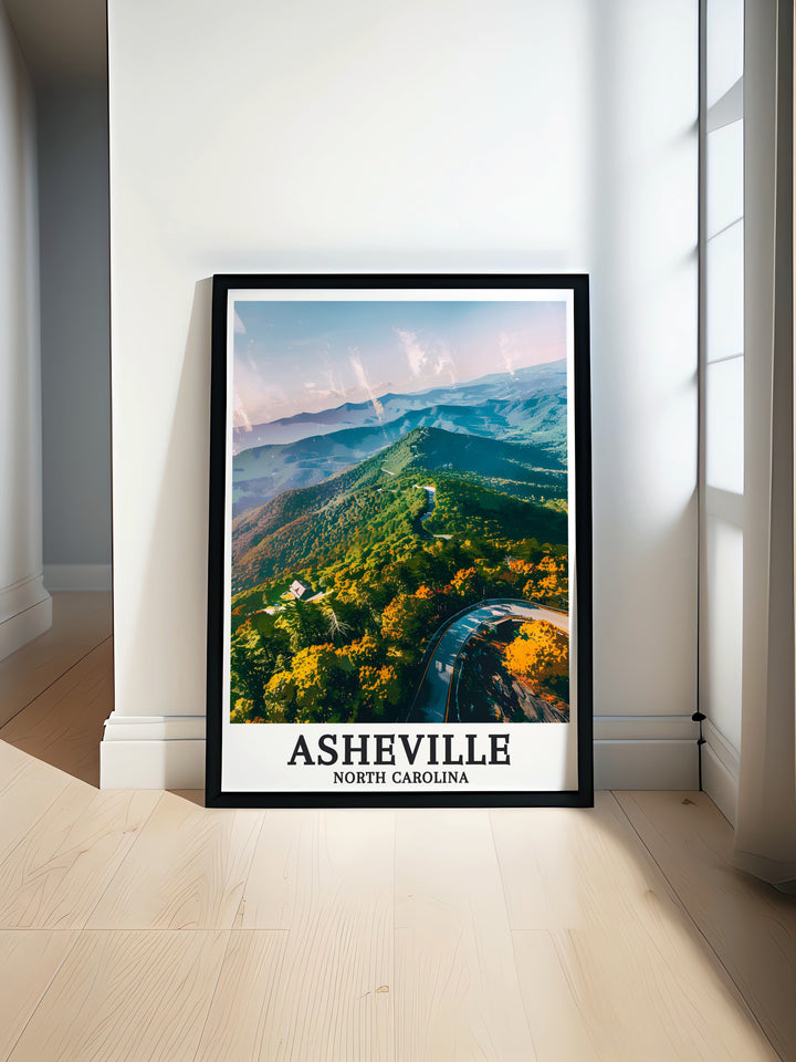 Discover the vibrant Blue Ridge Parkway and Blue Ridge Mountains with this Asheville Travel Print featuring a detailed map of the city in colorful art perfect for enhancing your home decor and making thoughtful gifts for any special occasion.