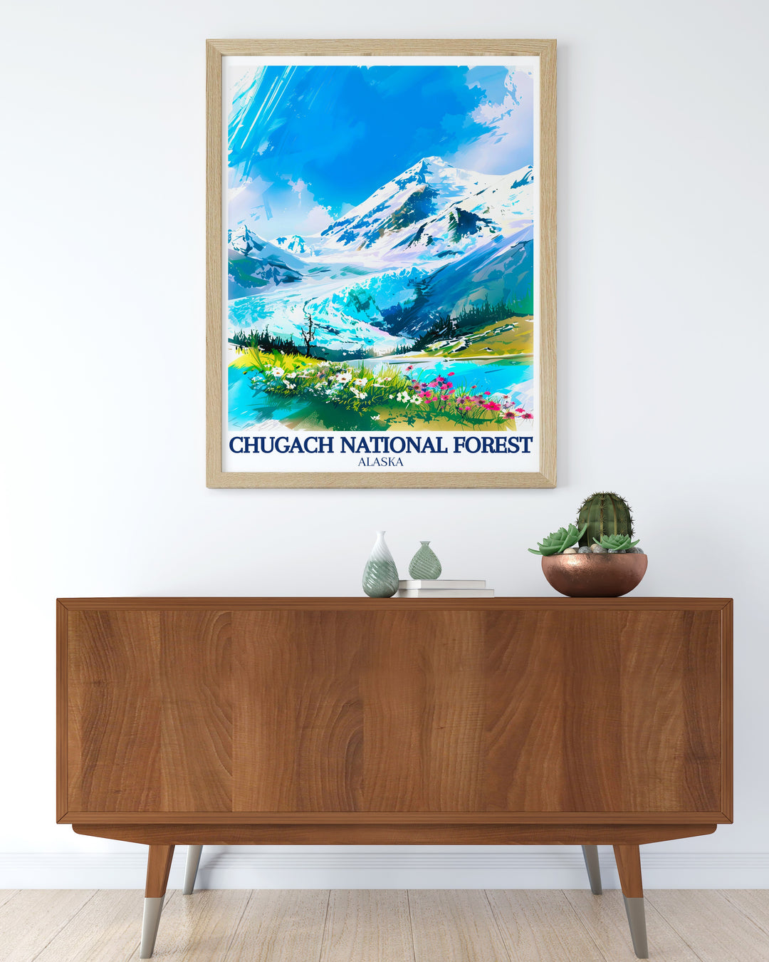 Featuring Holgate Glacier and the Kenai Fjords, this Chugach National Forest art print offers a glimpse into the heart of Alaskas wilderness. Ideal for travelers and nature lovers, this poster is the perfect gift for those who admire scenic landscapes.