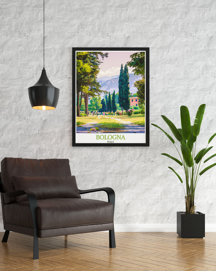 Beautiful Bologna travel poster capturing the vibrant streets and picturesque park of Giardini Margherita, perfect for enhancing your home or office with Italys iconic landmarks.