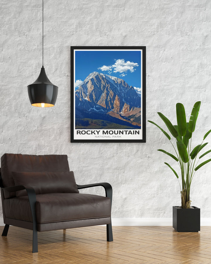 Vintage travel print of Long Peak highlighting the breathtaking scenery of the Colorado Rockies ideal for those who love hiking trails USA and want to bring the beauty of Rocky Mountain Park into their living space