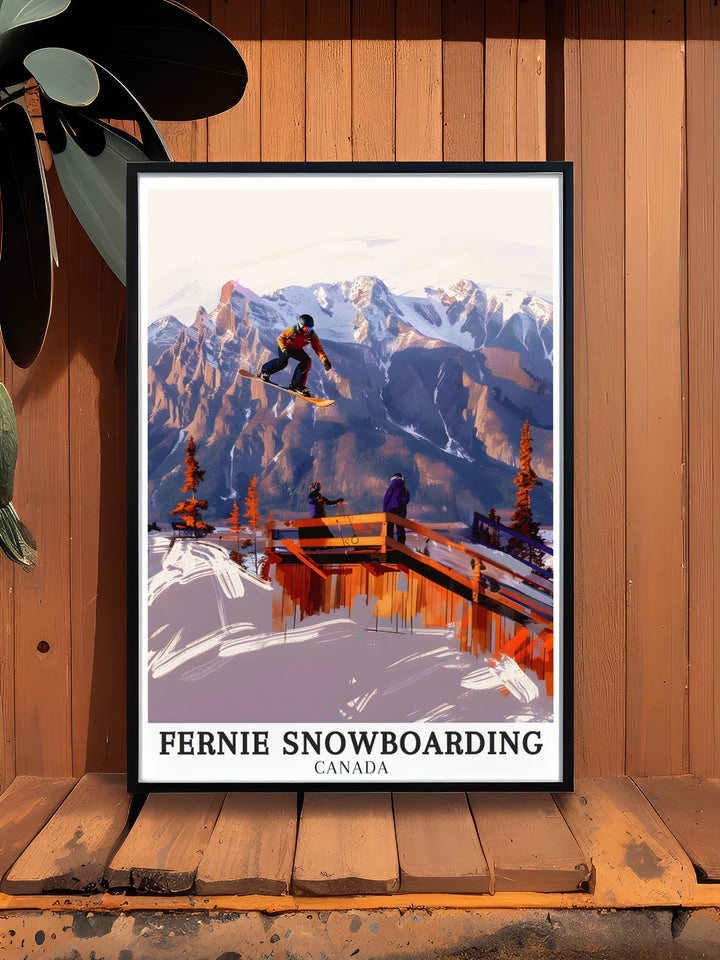 Vintage travel print of Fernie, capturing the essence of snowboarding in one of Canadas top winter destinations. The artworks retro style adds a nostalgic touch to any space.