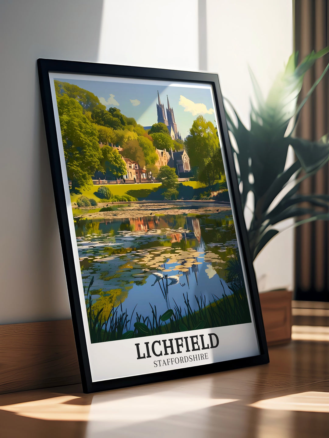 Featuring Beacon Park and Minster Pool, this Lichfield travel print highlights the towns natural beauty and architectural wonders. The artwork offers a glimpse into the English countryside, making it an ideal addition to any home or office for lovers of UK travel and landscape art.