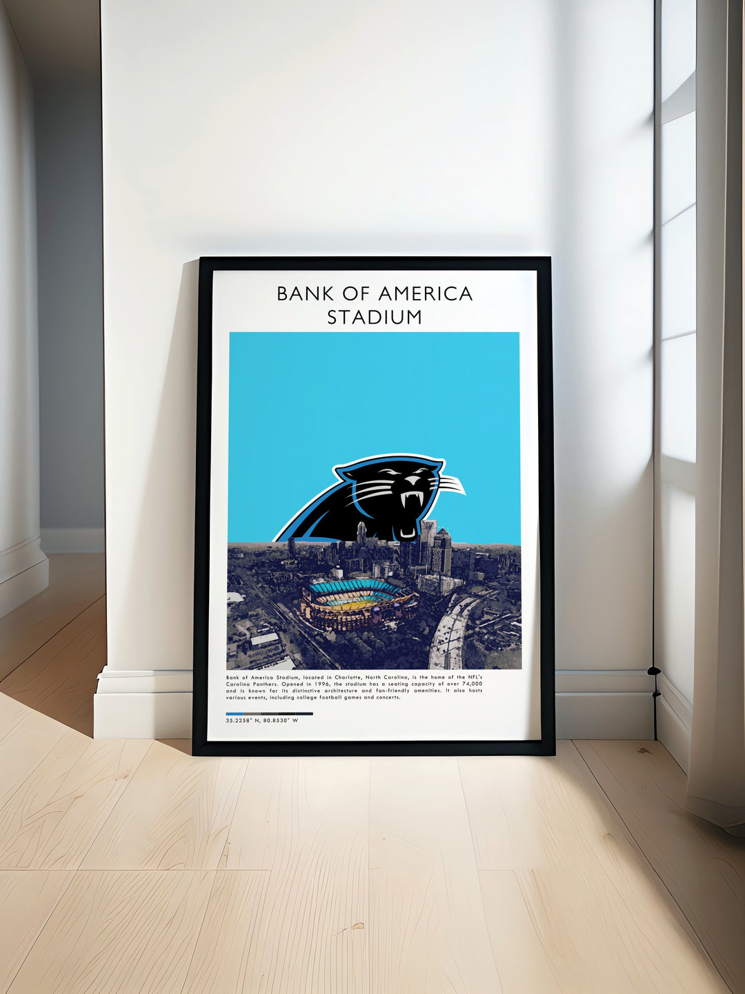 Carolina Panthers poster featuring the Bank of America Stadium in minimalist design perfect for sports bedroom art or sports office art adding a modern touch to any space ideal for football fans and art enthusiasts seeking elegant home décor.