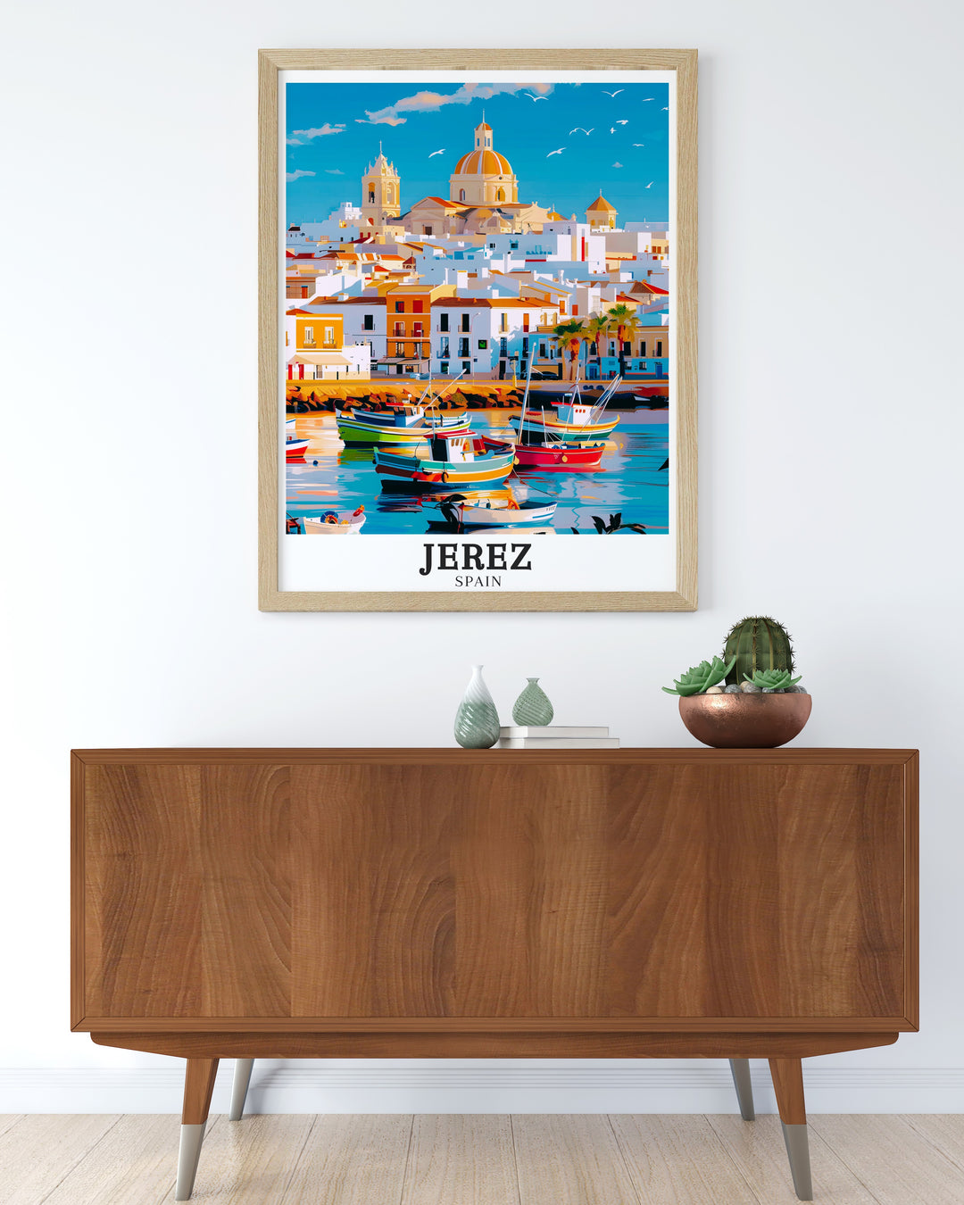 Andalusia travel poster depicting the scenic beauty of Jerez de la Frontera and its surroundings. This print showcases the harmonious blend of historical architecture and natural landscapes, offering a vibrant view of Spains southern region. Perfect for adding a cultural touch to any room.