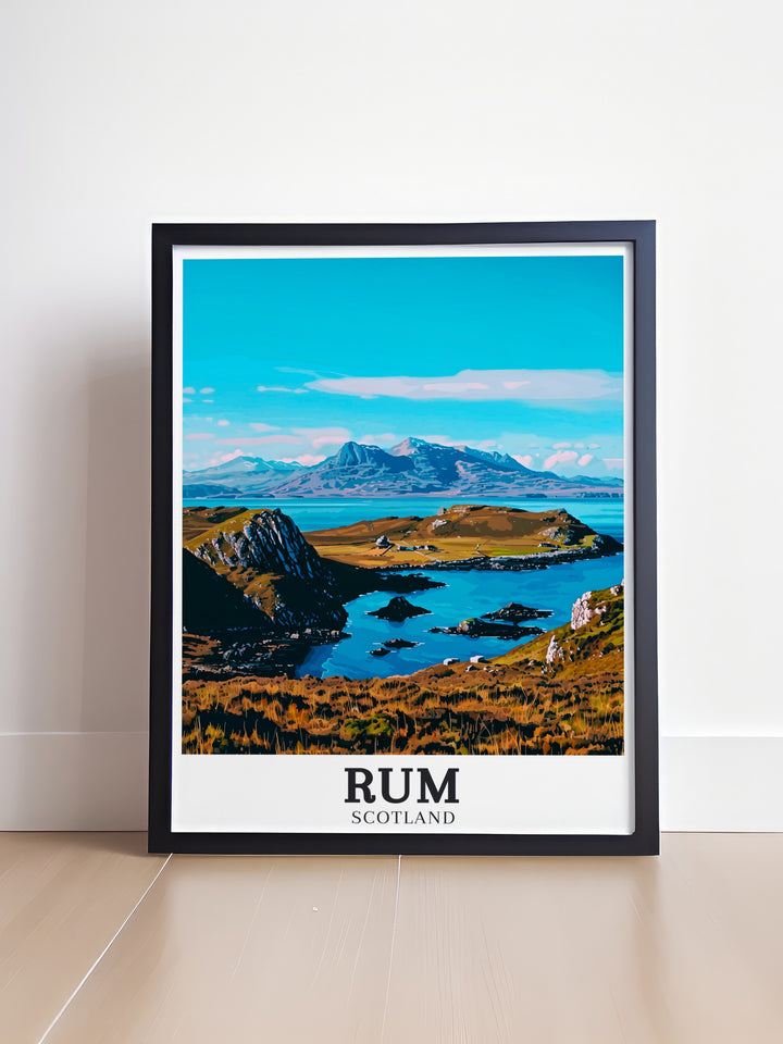 Experience the grandeur of Rums rugged landscapes with this vintage poster, featuring the majestic Rum Cuillin Mountains and the tranquil expanse of the North Sea. A must have for fans of Scotlands natural beauty.