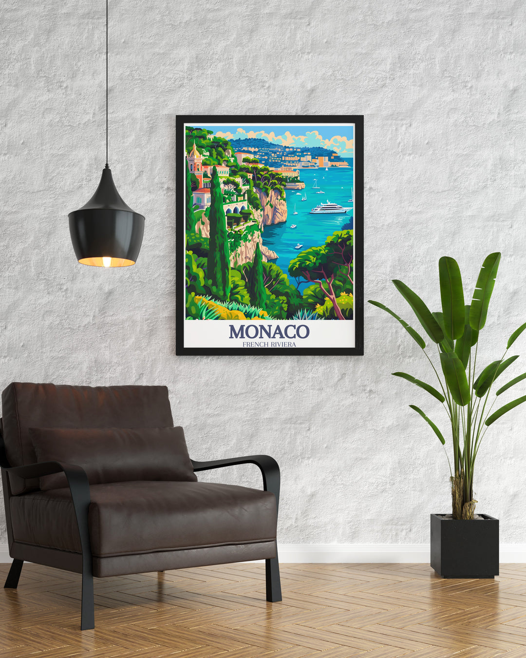 The Monaco Framed Art beautifully captures the essence of the Mediterranean coast, featuring the iconic Le Rocher. This vintage style poster is perfect for those who appreciate European travel and classic landscapes.