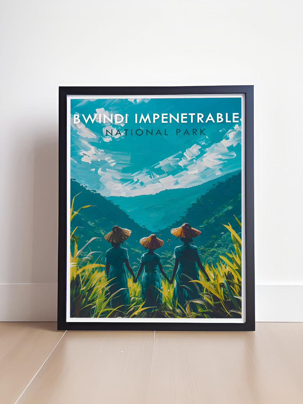 This travel poster showcases the dense forests of Bwindi Impenetrable National Park, highlighting the rich biodiversity and vibrant greenery that make this Ugandan treasure a must visit destination.
