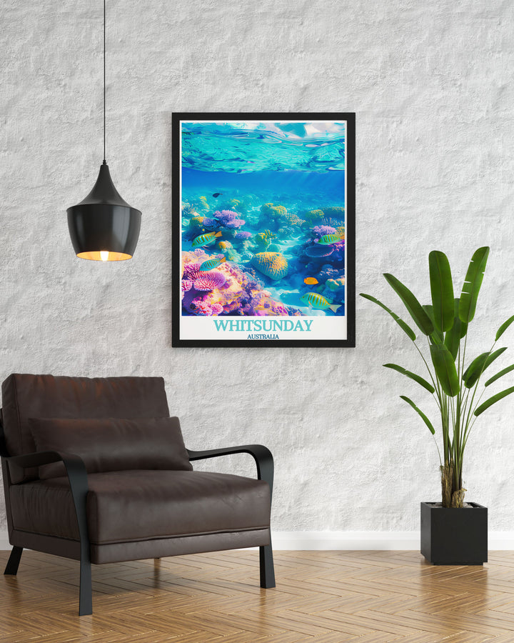 Experience the serene beauty of Whitsunday Islands with our Whitsunday Wall Art showcasing the Great Barrier Reef ideal for any Australian travel enthusiast looking to enhance their home decor with stunning illustrations