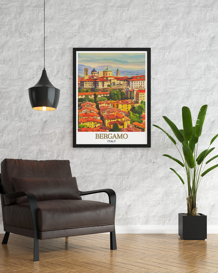 Colorful art print of Città Alta in Bergamo. Bringing the vibrant atmosphere of the city into your home. Ideal for enhancing your living room, office, or any space with a touch of Italian elegance. High quality and detailed design.