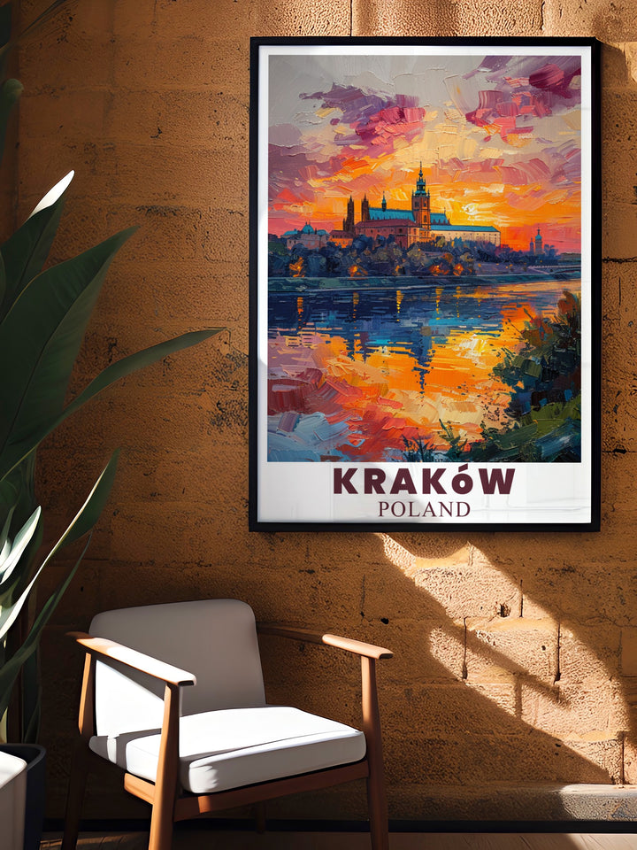 Wawel Castle stands tall in this Krakow poster print, capturing the historic allure of Polands cultural heart. Ideal for adding a touch of European elegance to your home, this travel art will transport you to the scenic city of Krakow.