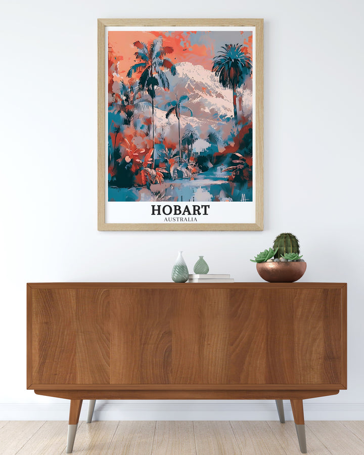 Stunning Hobart art print capturing the Royal Tasmanian Botanical Gardens framed by the majestic Mount Wellington. The detailed illustration highlights the beauty of Hobarts natural attractions, perfect for adding a touch of Tasmania to your space