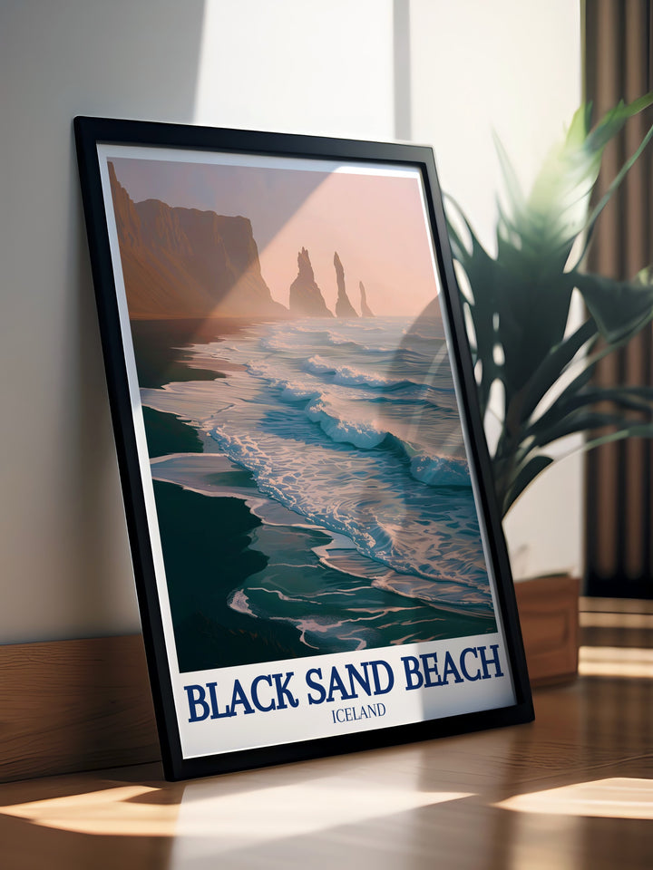 Reynisfjara Wall Art capturing the dramatic contrast of Icelands Black Sand Beach against the towering basalt columns. This artwork is perfect for those who want to bring a piece of Icelands rugged beauty into their living space