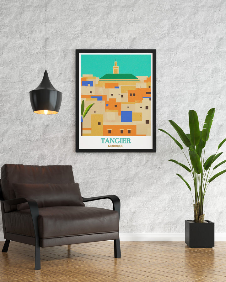 The lively streets of Tangier Medina are beautifully depicted in this Morocco travel print. Perfect for enhancing any space, this poster brings a piece of Moroccan culture and history into your home.