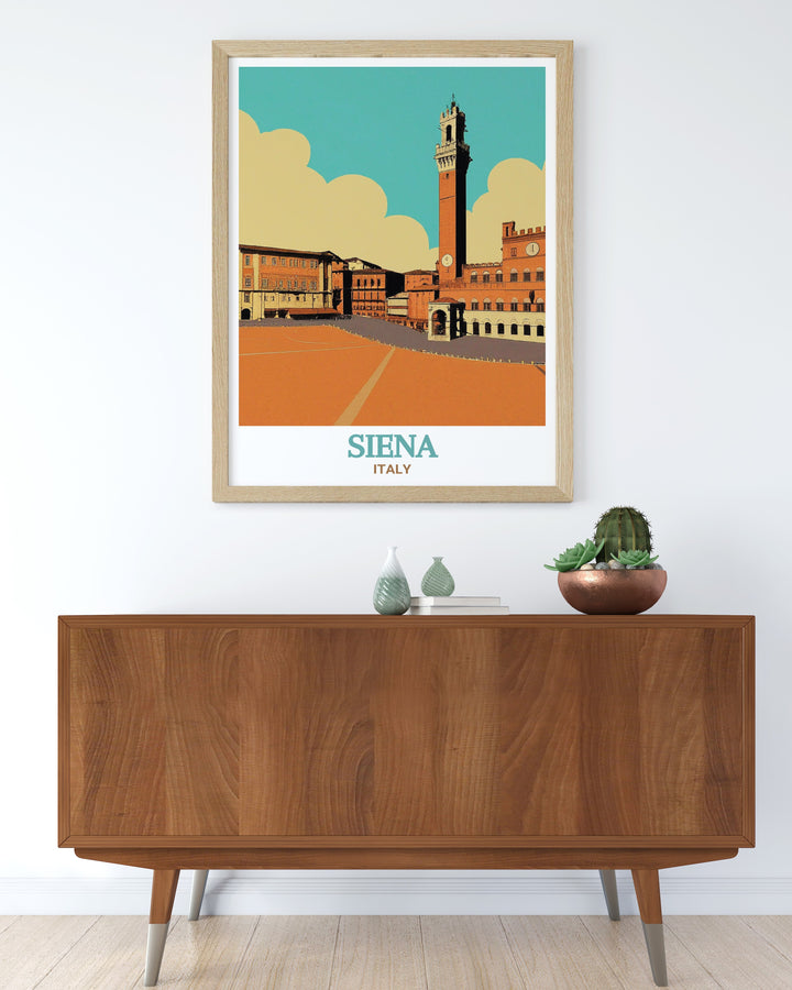 Piazza del Campo shines in this black and white Siena Art Print. The fine line detailing of the city streets and landmarks creates a refined look for any room. Perfect for modern decor and makes an exceptional gift for art lovers and travelers alike.