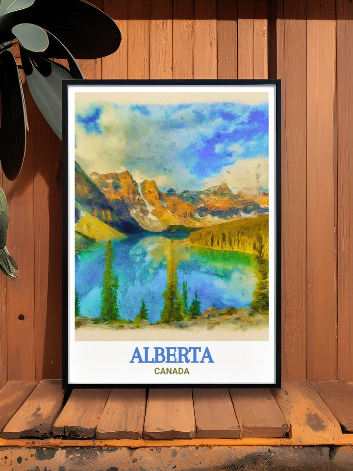 Scenic art print of Banff National Park, showcasing the tranquil waters of Moraine Lake and the towering Rocky Mountains. A perfect addition to any art collection or as a thoughtful gift.