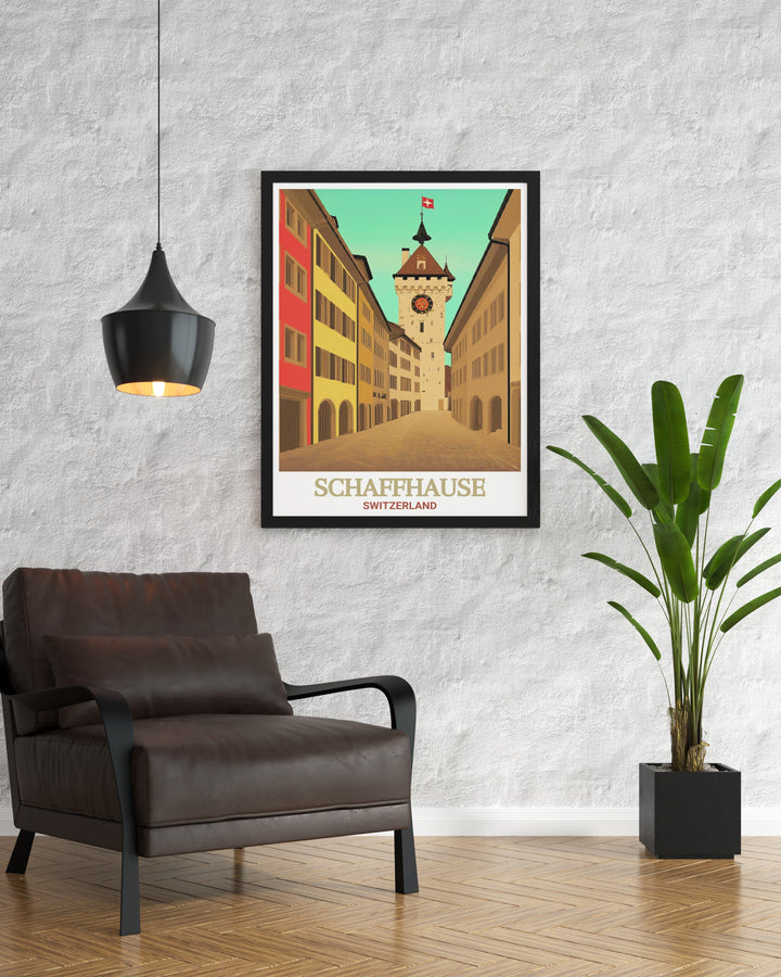 Switzerland wall art with Old Town Schaffhausen. This print captures the scenic beauty and architectural grandeur of the town. Perfect for travel enthusiasts and those who appreciate Swiss culture. A great addition to any art collection.