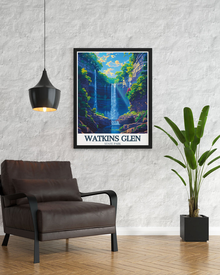 This detailed print of Watkins Glen State Park captures the enchanting beauty of its cascading waterfalls and lush landscapes. Featuring the iconic Rainbow Falls and serene Cavern Cascade, this artwork brings a piece of New Yorks natural splendor into your home, offering a breathtaking escape and a touch of geological wonder to any decor.