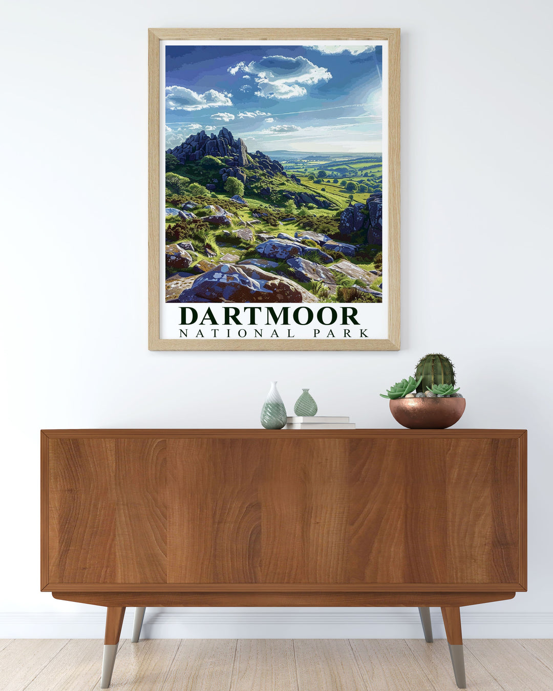 Gallery wall art illustrating the unique landscapes of Dartmoor, with its iconic tors and free roaming ponies, capturing the essence of Englands national park.