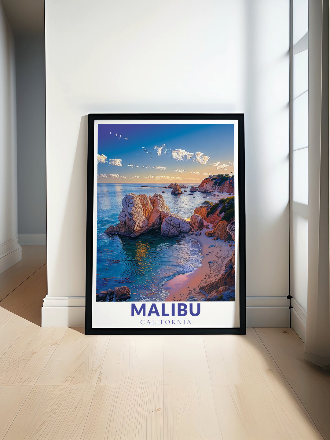 Malibu poster print showcasing the iconic California coast paired with El Matador State Beach modern prints perfect for creating stunning living room decor featuring coastal charm and minimal travel art that brings nature and cityscapes into your home