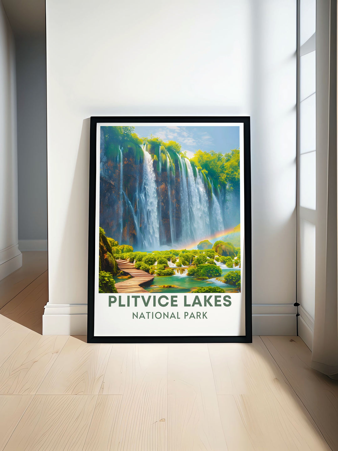 Veliki Slap Boardwalk travel poster featuring the majestic waterfall and lush surroundings of Plitvice Lakes National Park perfect for adding a touch of Croatias natural beauty to your home decor ideal for nature lovers and travel enthusiasts
