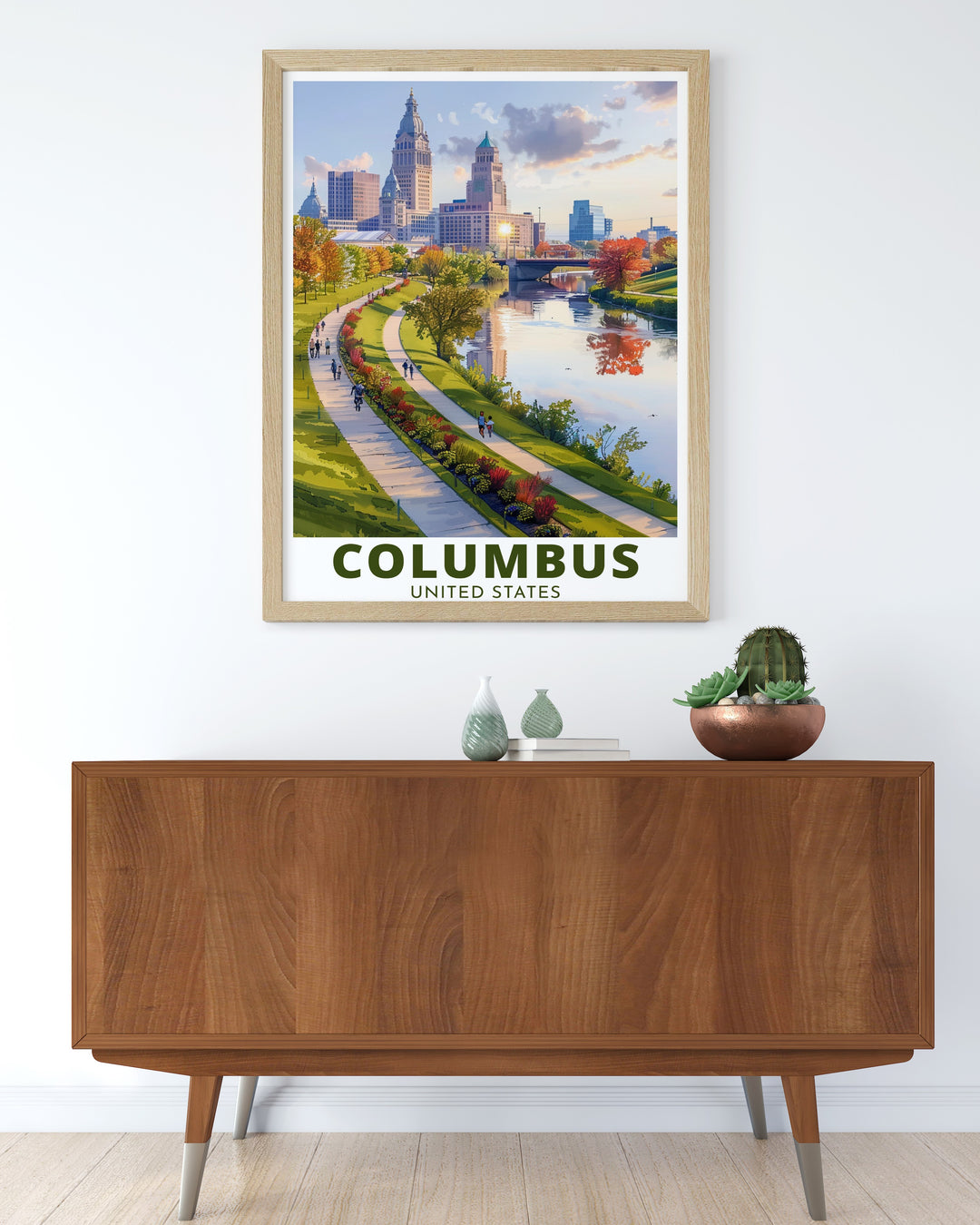 Scioto Mile framed print capturing the stunning Columbus skyline. This modern artwork is a perfect addition to your living room or office and makes a great personalized gift. Its minimalistic style fits any decor adding elegance to your space.