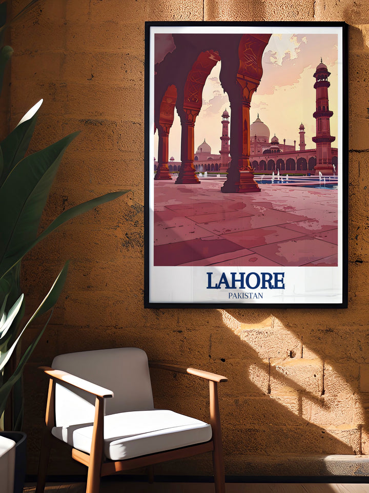 Bring the serene beauty of Lahores Shalimar Gardens into your home with this detailed travel print, capturing the lush greenery, flowing fountains, and symmetrical design of the Mughal era gardens, a stunning representation of Pakistans rich heritage and perfect for enhancing your living space with a historical touch.