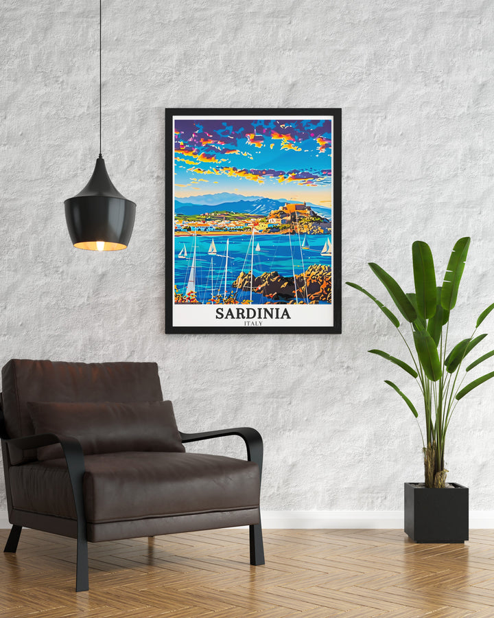 Beautiful Sardinia poster print showcasing Cala Mariolu Beach and Costa Smeralda. The perfect Sardinia wall art to add Mediterranean Island charm and Sardinian beaches to your living room or bedroom decor with vibrant Italian heritage inspired prints.