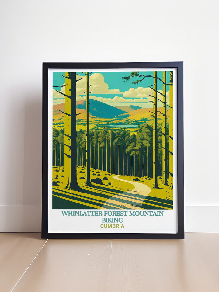 Whinlatter Forest wall art captures the thrill of mountain biking through Englands only true mountain forest. This dynamic piece of artwork is ideal for anyone who loves outdoor adventures, featuring the forests famous biking trails and stunning natural beauty.