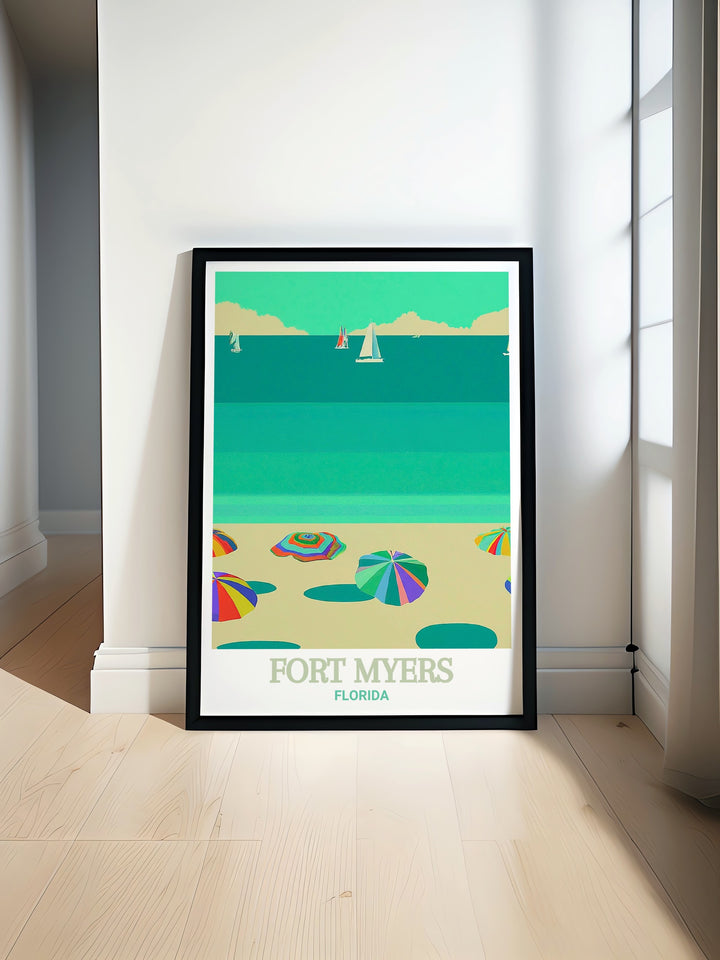 Scenic poster of Fort Myers Beach showcasing its lush landscapes and stunning views. This Florida wall art captures the beachs beauty, making it a great addition for those who love serene and picturesque decor.