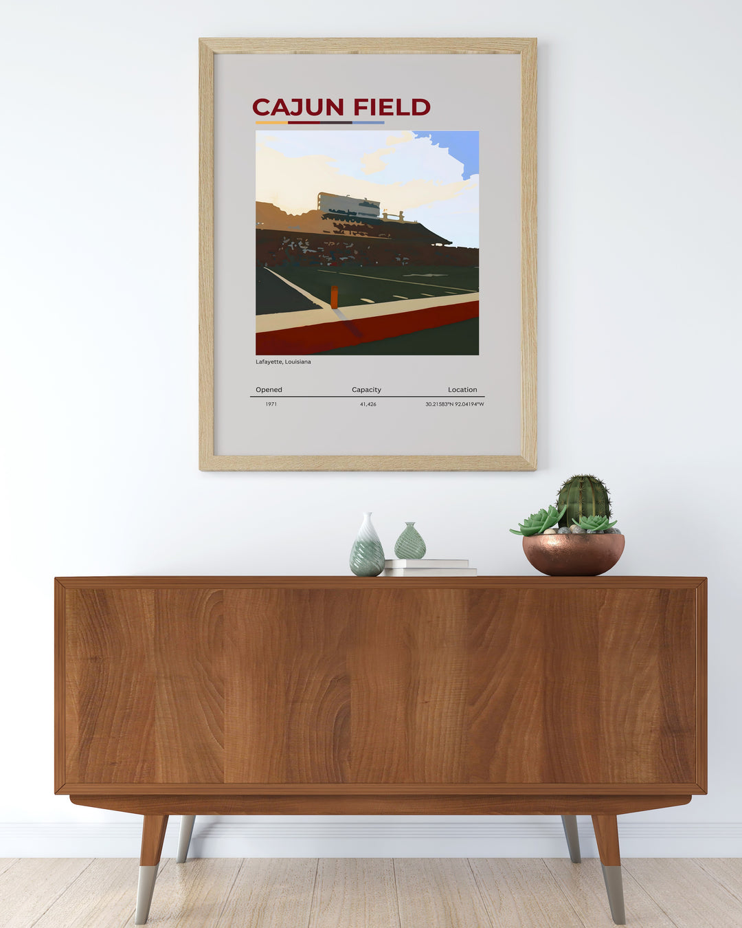 Celebrate Cajun Field and the Louisiana Ragin Cajuns with this stunning football poster. Perfect for dorm room decor or a thoughtful gift for college sports fans. Its retro design and vibrant colors make it a standout addition to any wall art collection.