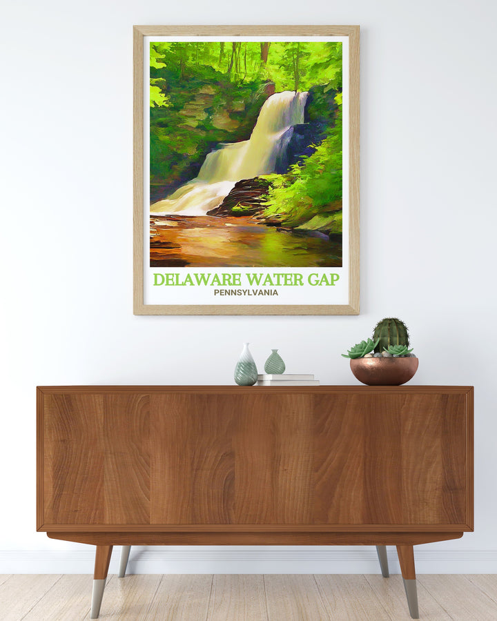 Raymondskill Falls, cascading down rocky cliffs, is the focus of this canvas art, offering a striking view of one of Pennsylvanias most cherished natural landmarks. Perfect for anyone who appreciates the beauty of waterfalls and scenic vistas.