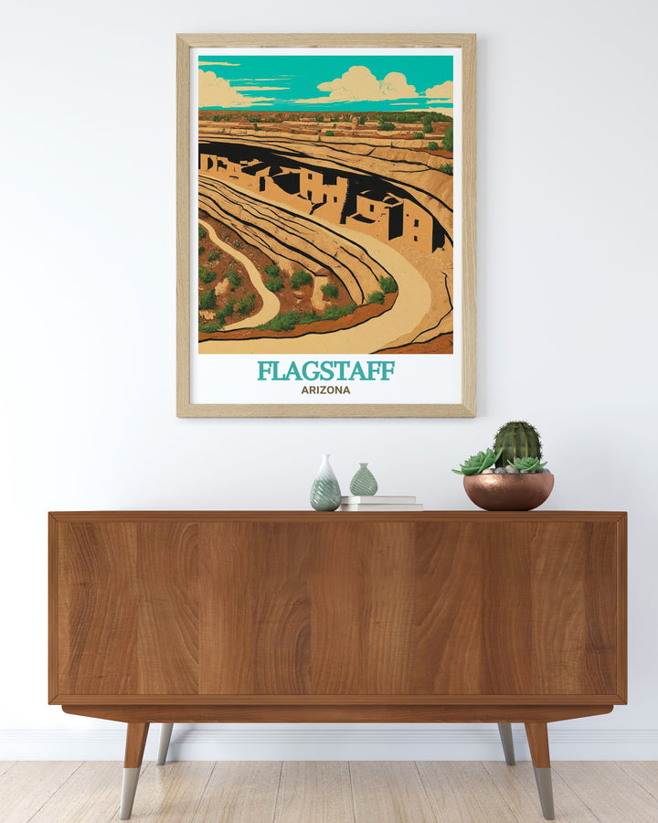 Flagstaff map print and Walnut Canyon National Monument modern art bring stunning landscapes and city details into your home. This print offers a colorful and detailed representation of Flagstaff and Walnut Canyon perfect for those who love travel inspired art.