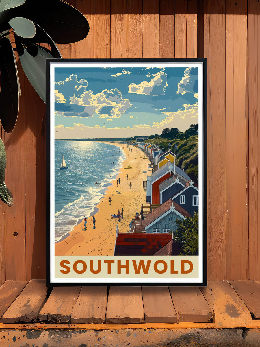 Southwold Print featuring detailed illustrations of beach and beach huts complemented by the iconic Southwold Lighthouse and pier ideal for enhancing your home decor with a touch of Suffolk&