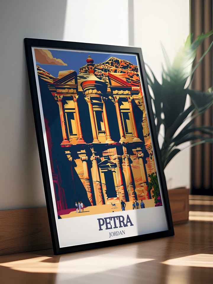 Petra Print showcasing the rock carved Ad Deir Monastery and the breathtaking Siq. This framed art captures the serene beauty of Petras architectural marvels, perfect for adding a sense of wonder to your home decor.