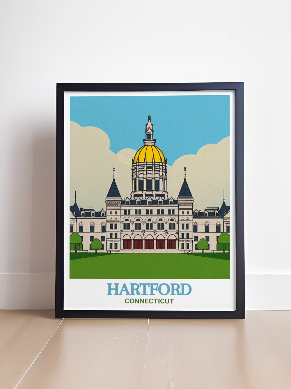 Hartford poster featuring the Connecticut State Capitol in a detailed city map design. This colorful art print is perfect for adding a modern touch to your home decor and is a thoughtful gift option for birthdays anniversaries or Christmas.