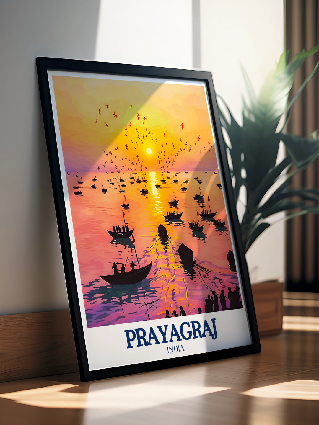 Custom print of Prayagraj featuring the Ganges River as it flows towards the Triveni Sangam. This artwork captures the spiritual journey of the river, making it a thoughtful gift for anyone who values Indian culture and tradition.