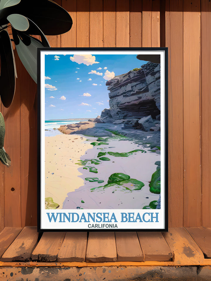 Rock Formations Modern Art print capturing the beauty of Windansea Beach and La Jolla. Perfect as wall decor this travel poster print brings a piece of San Diegos coastal elegance into your home ideal for beach lovers and art enthusiasts alike.