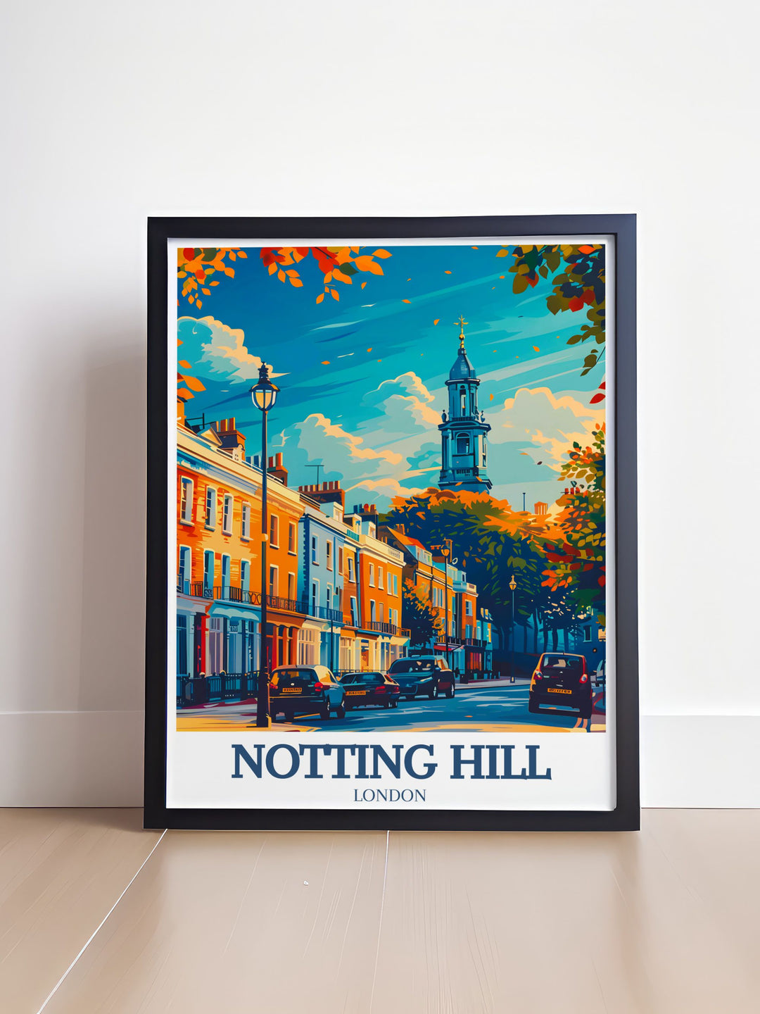 Elegant Notting Hill print showcasing Notting Hill Gate Village and St. Peters Church along with the famous Portobello Market ideal for enhancing your living room or as a special gift celebrating the beauty and history of West London