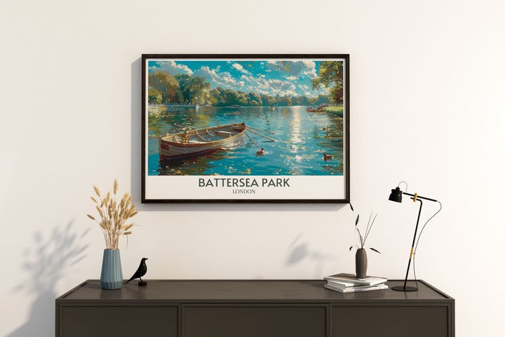 Stunning London park poster capturing the tranquil beauty of Battersea Park Lake ideal for enhancing any home with elegant and sophisticated wall art