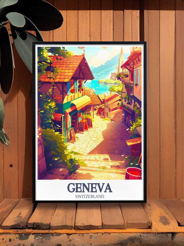 This Switzerland poster features the lively Carouge District and Place Marché in Geneva. Perfect for lovers of Swiss culture, this travel print showcases the intricate charm of Genevas streets and makes for a wonderful addition to any rooms decor.